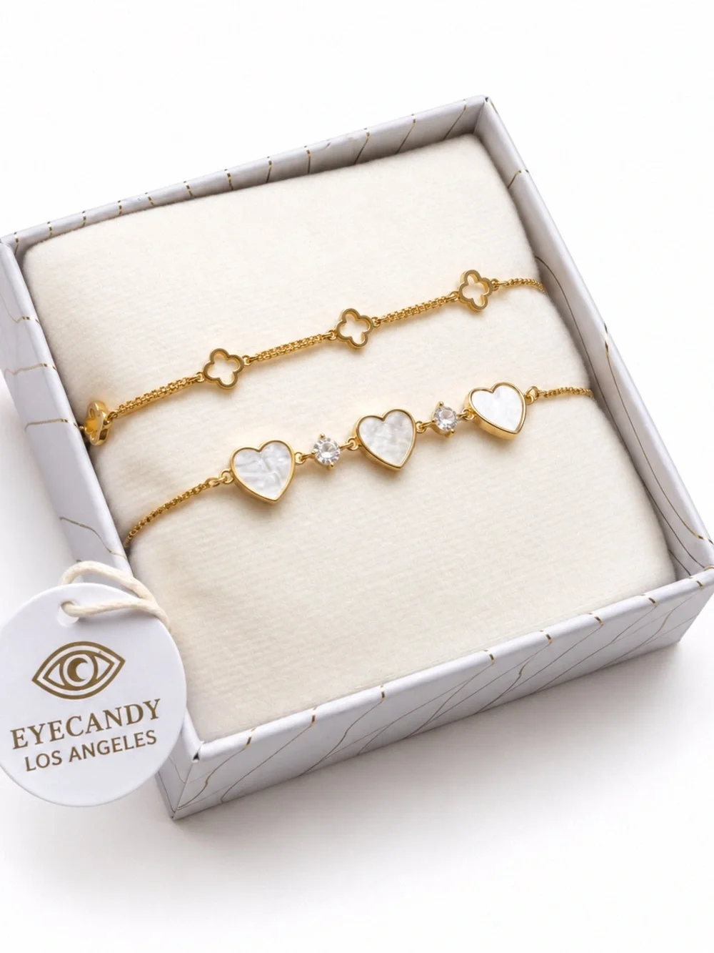 EyeCandy Armcandy Luxe Set of 2 Gold Adjustable Bracelet Duo Hearts & Clover NWT